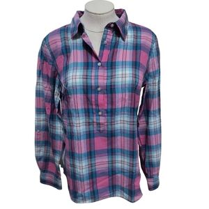 Talbots Blue/Pink Plaid Popover Blouse Size S
